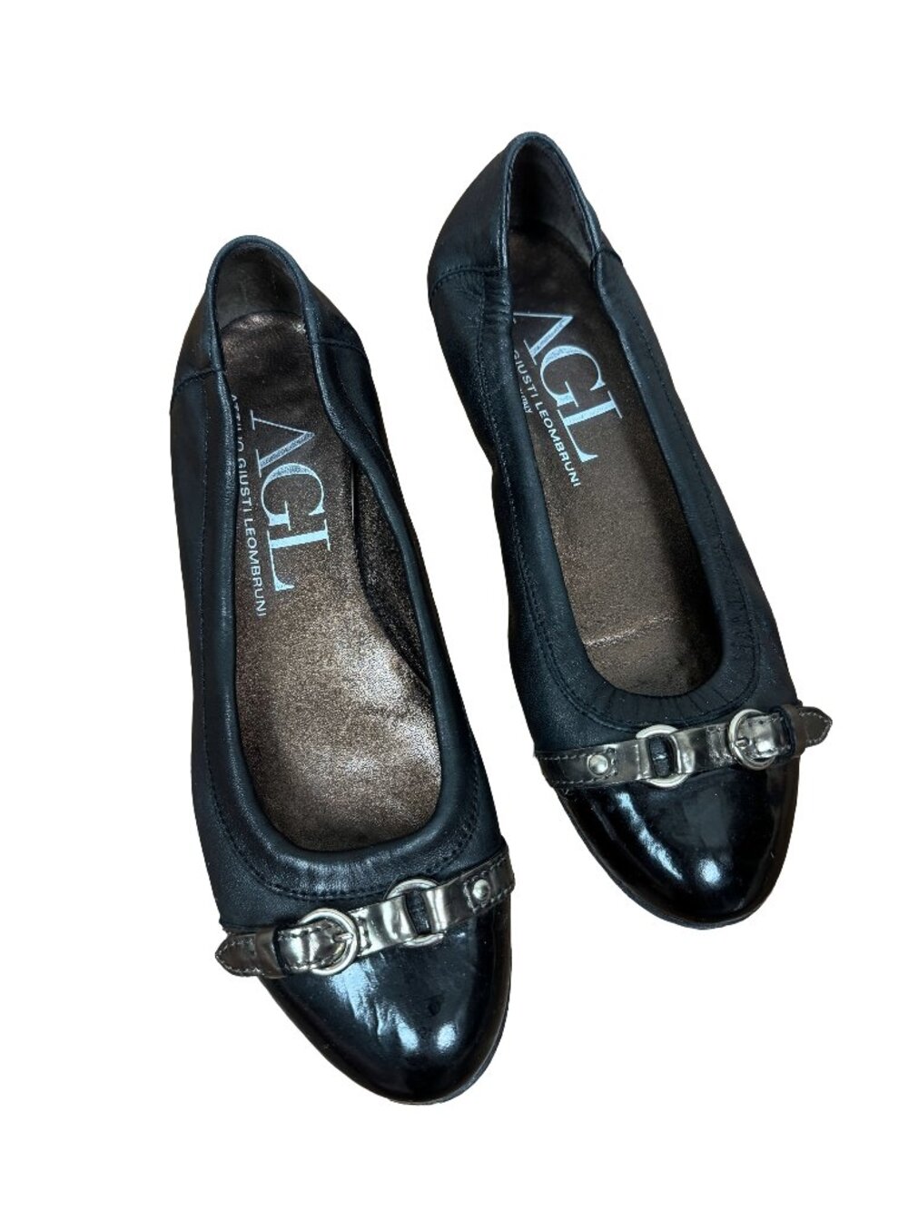 AGL Monika Cap Toe Ballet Flats Women's 8 Black Silver Buckle Detail